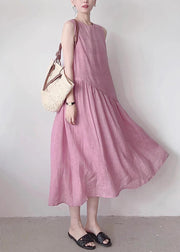 Simple Pink O Neck Pockets Wrinkled Cotton Long Dress Sleeveless