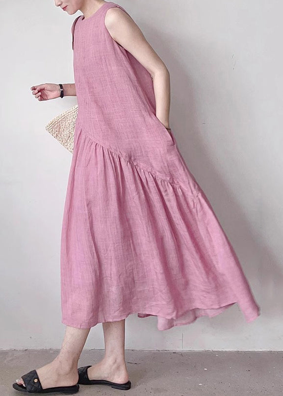 Simple Pink O Neck Pockets Wrinkled Cotton Long Dress Sleeveless