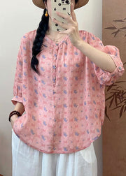 Simple Pink Oversized Print Linen Shirt Summer