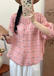 Simple Pink Oversized Print Linen Shirt Summer