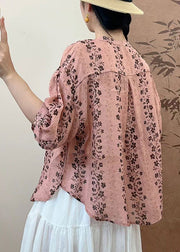 Simple Pink Oversized Print Linen Shirt Summer
