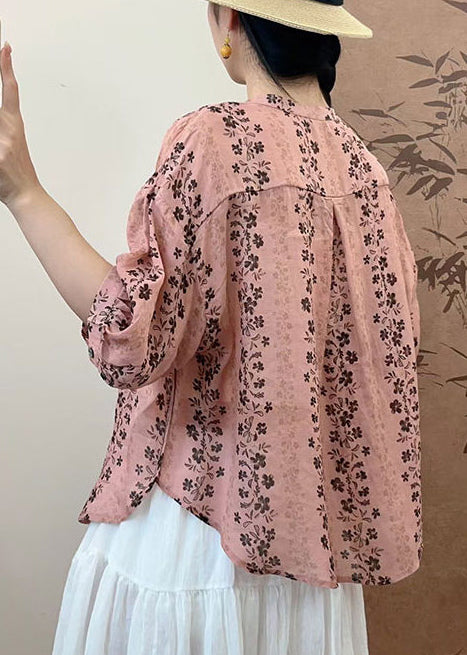 Simple Pink Oversized Print Linen Shirt Summer