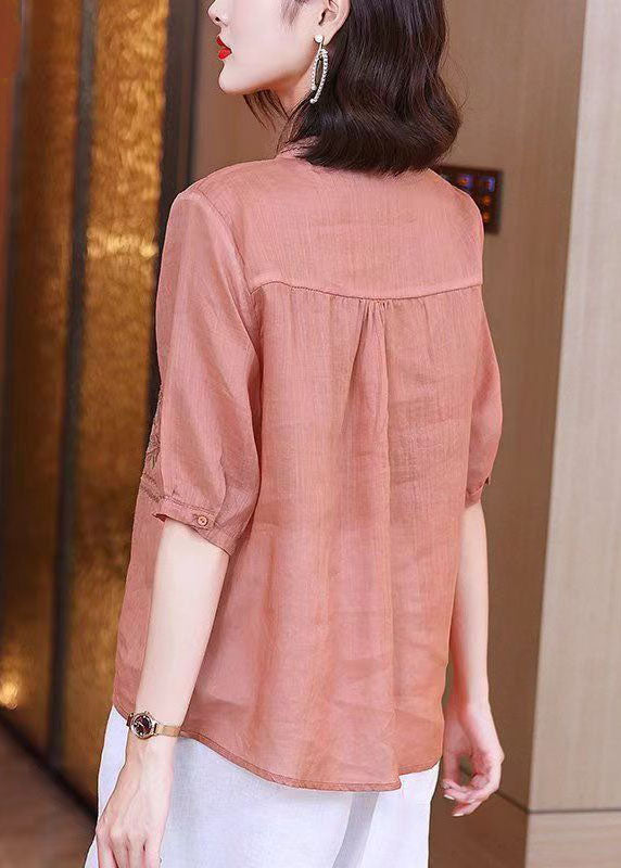 Simple Pink Ruffled Embroideried Patchwork Linen Tops Summer – SooLinen