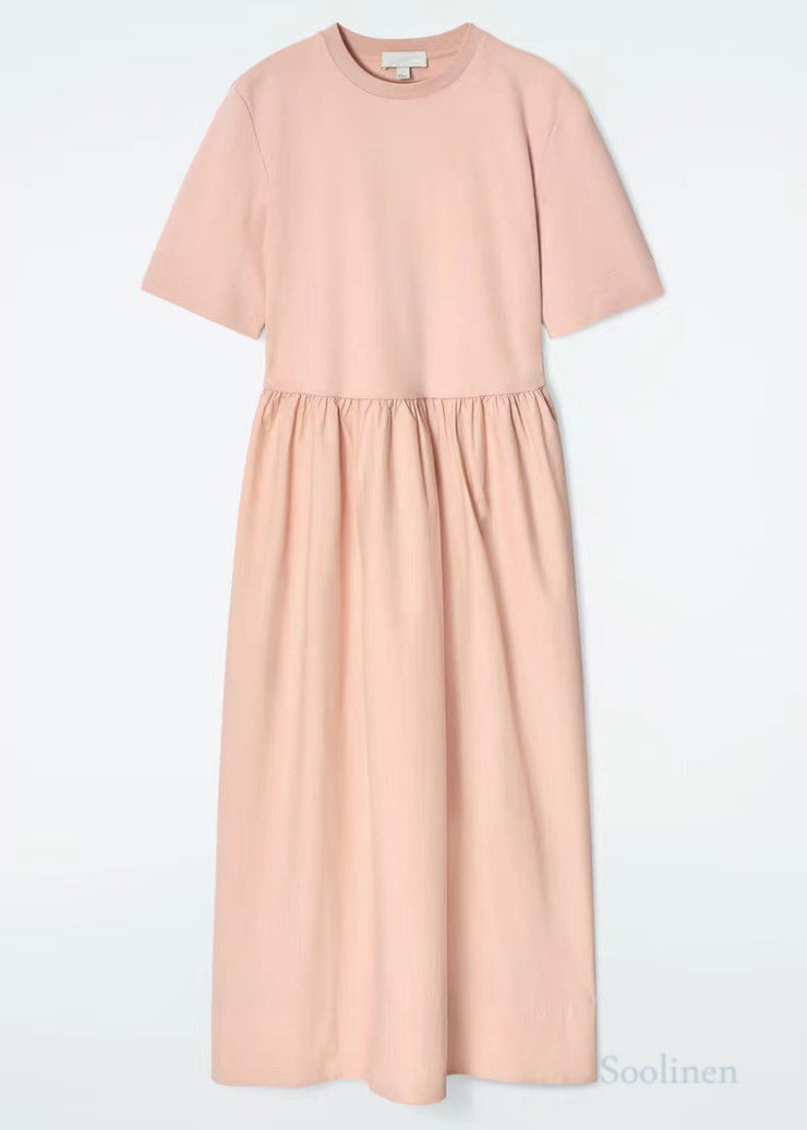 Simple Pink Silm Fit Cotton A Line Dress Summer
