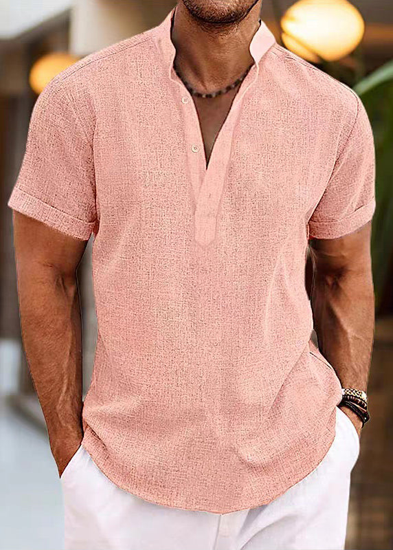 Simple Pink Stand Collar Button Cotton Mens Shirt Summer