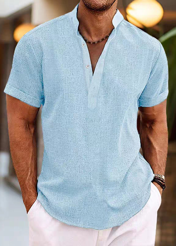 Simple Pink Stand Collar Button Cotton Mens Shirt Summer
