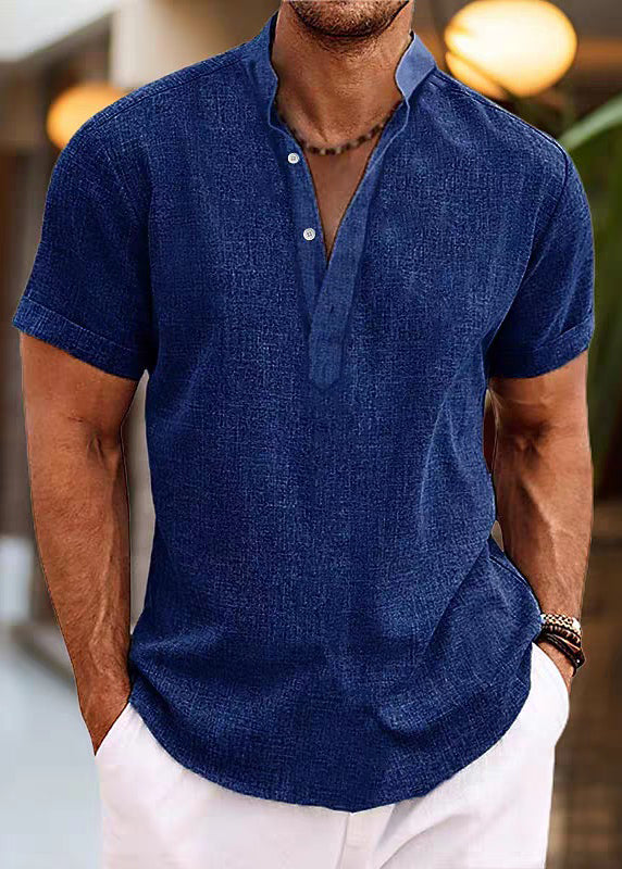 Simple Pink Stand Collar Button Cotton Mens Shirt Summer