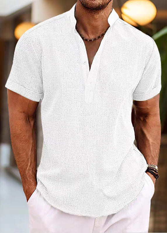 Simple Pink Stand Collar Button Cotton Mens Shirt Summer