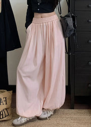 Simple Pink Wrinkled Elastic Waist Cotton Lantern Pants