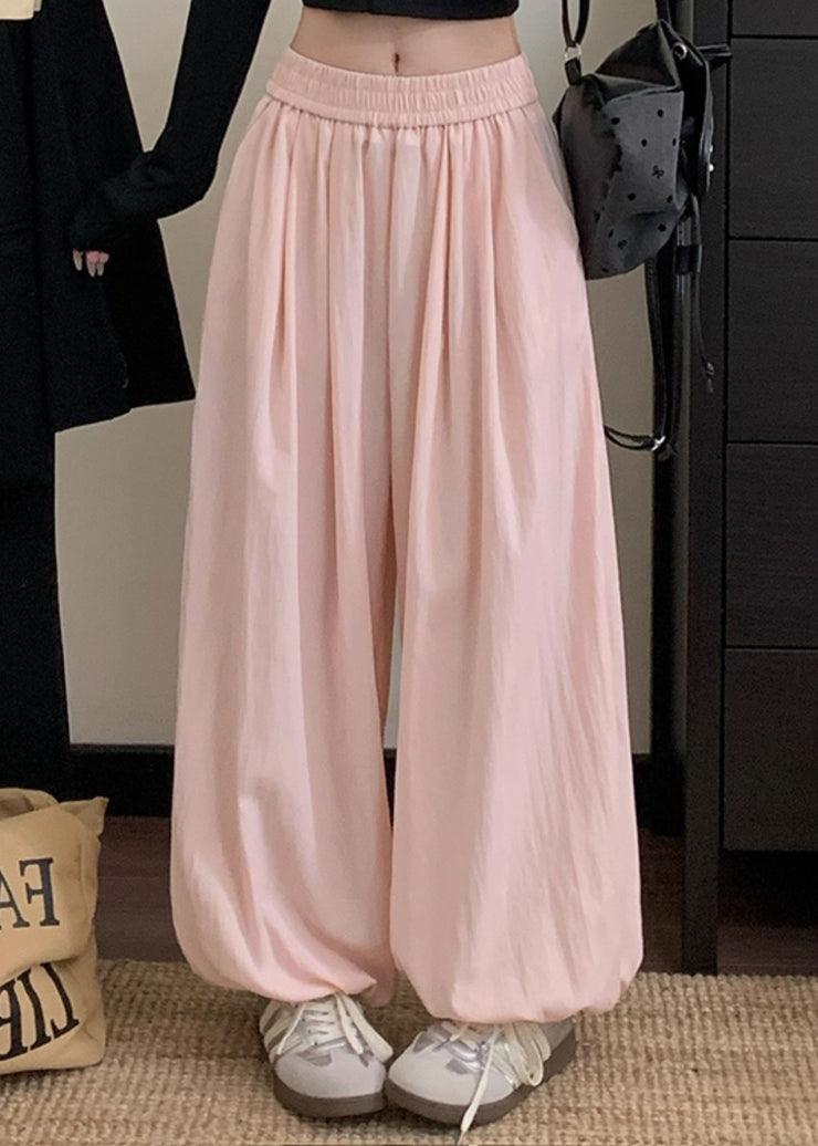 Simple Pink Wrinkled Elastic Waist Cotton Lantern Pants