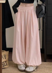 Simple Pink Wrinkled Elastic Waist Cotton Lantern Pants