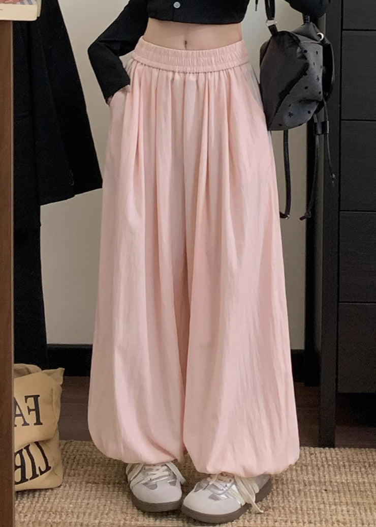 Simple Pink Wrinkled Elastic Waist Cotton Lantern Pants