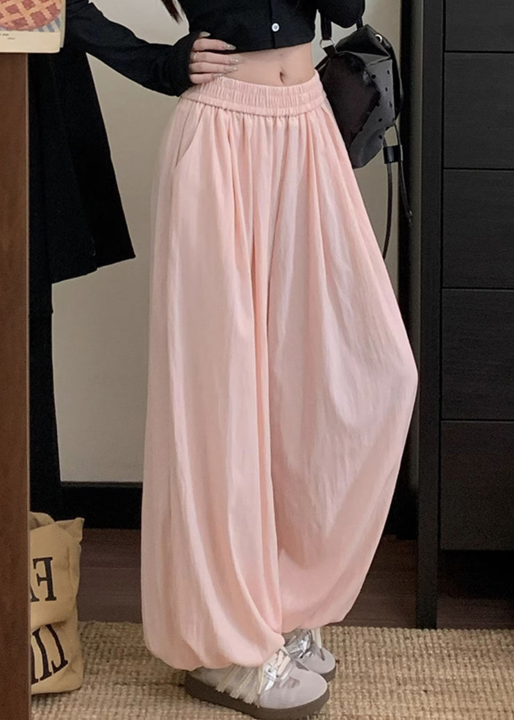 Simple Pink Wrinkled Elastic Waist Cotton Lantern Pants