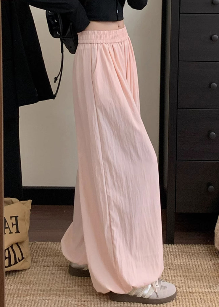 Simple Pink Wrinkled Elastic Waist Cotton Lantern Pants