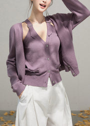 Simple Purple Knit Two Piece Set Women Clothing Fall