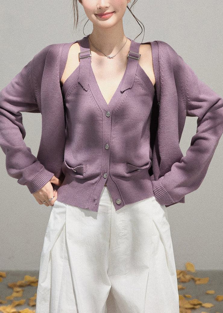 Simple Purple Knit Two Piece Set Women Clothing Fall