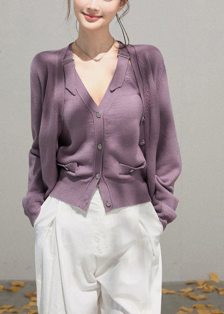Simple Purple Knit Two Piece Set Women Clothing Fall