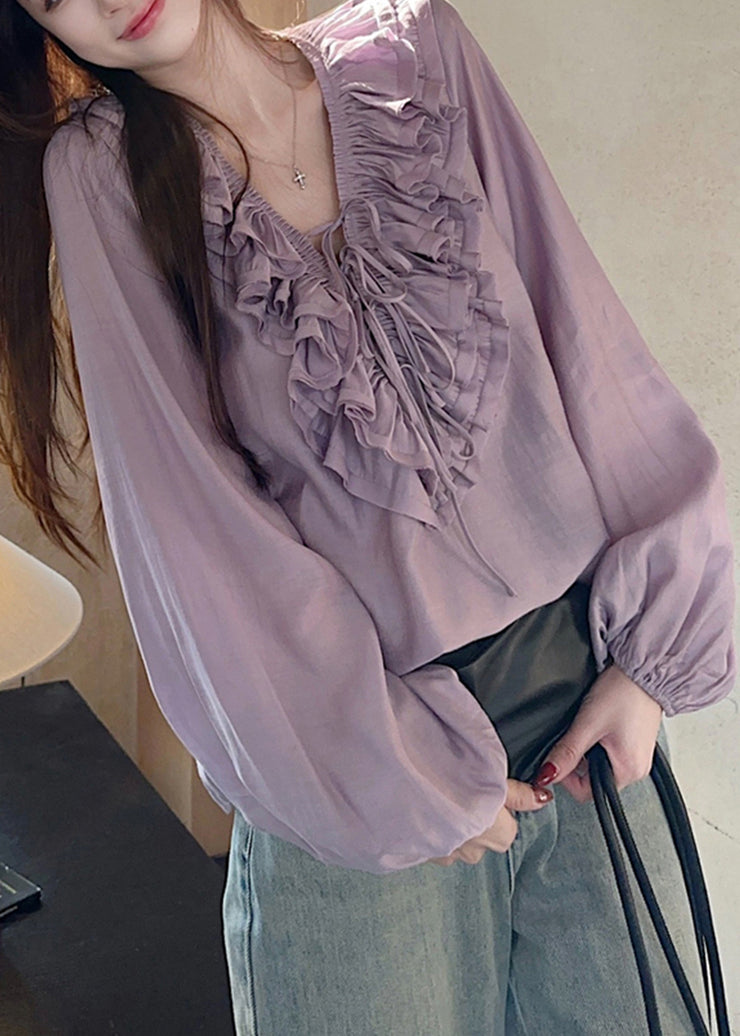 Simple Purple V Neck Ruffled Tie Lace Tops Lantern Sleeve