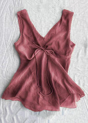Simple Purple V Neck lace Up Solid Cotton Tank Sleeveless