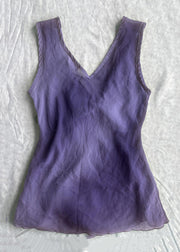 Simple Purple V Neck lace Up Solid Cotton Tank Sleeveless