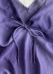 Simple Purple V Neck lace Up Solid Cotton Tank Sleeveless