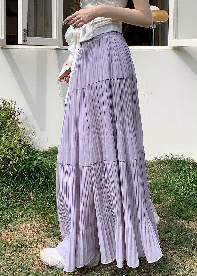 Simple Purple Wrinkled Elastic Waist Chiffon Skirt Summer