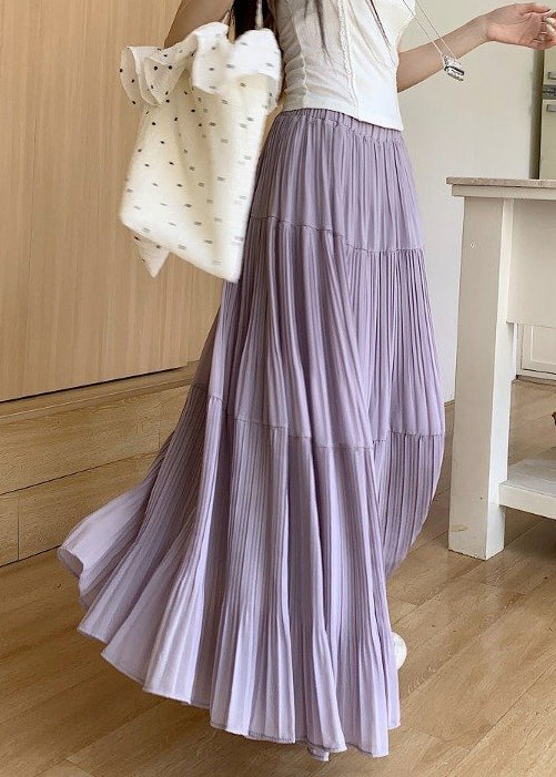 Simple Purple Wrinkled Elastic Waist Chiffon Skirt Summer