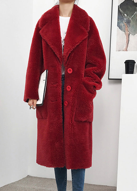 Simple Red Notched Pockets Pockets Faux Fur Long Coats Winter