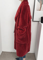 Simple Red Notched Pockets Pockets Faux Fur Long Coats Winter