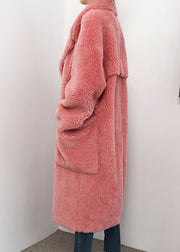 Simple Red Notched Pockets Pockets Faux Fur Long Coats Winter