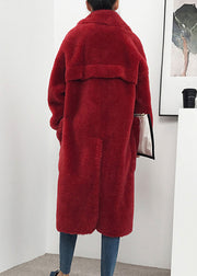 Simple Red Notched Pockets Pockets Faux Fur Long Coats Winter