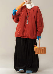 Simple Red O Neck Fine Cotton Filled Top And Pants Two Piece Set Winter