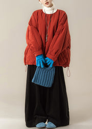 Simple Red O Neck Fine Cotton Filled Top And Pants Two Piece Set Winter