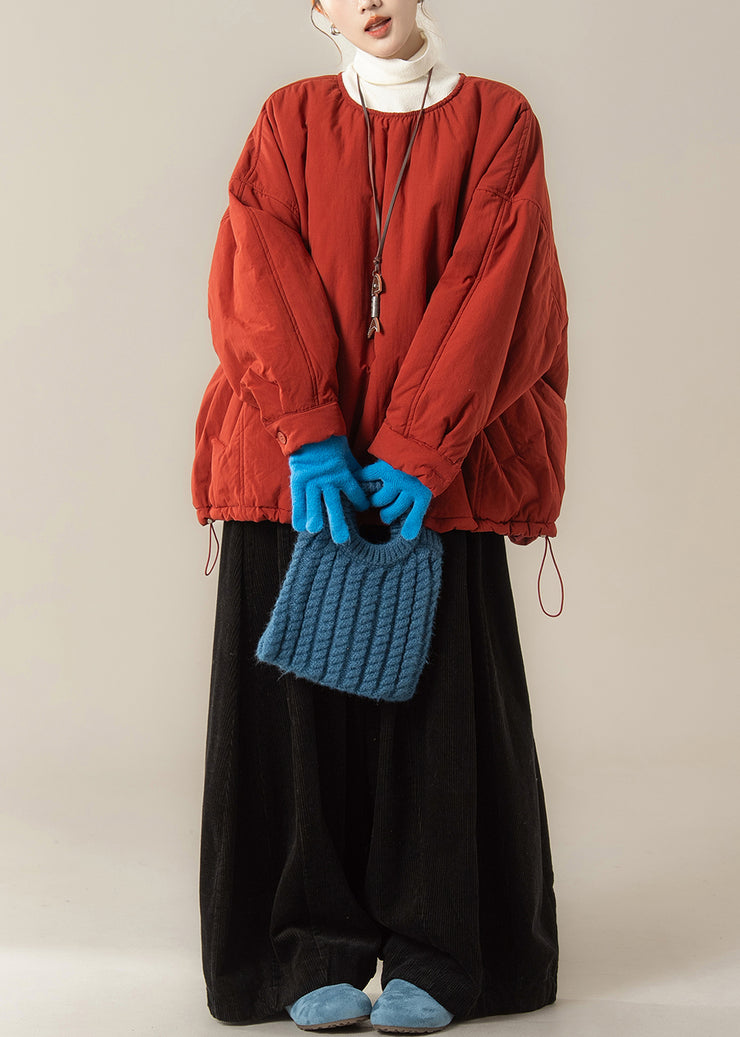 Simple Red O Neck Fine Cotton Filled Top And Pants Two Piece Set Winter