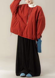 Simple Red O Neck Fine Cotton Filled Top And Pants Two Piece Set Winter