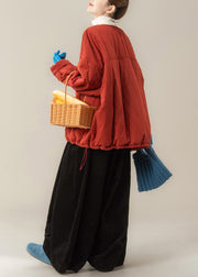 Simple Red O Neck Fine Cotton Filled Top And Pants Two Piece Set Winter