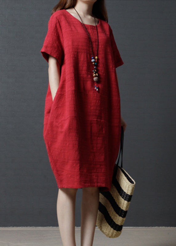 Simple Red Oversized Linen Mid Dress Summer