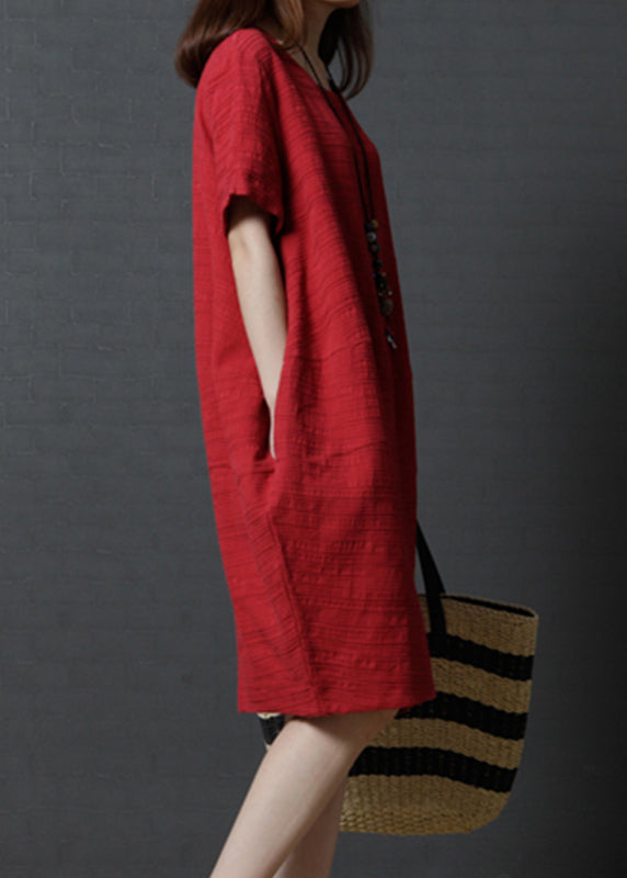 Simple Red Oversized Linen Mid Dress Summer