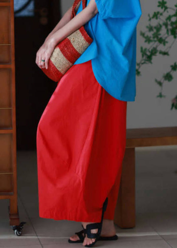Simple Red Pockets Elastic Waist Cotton Wide Leg Pants Summer
