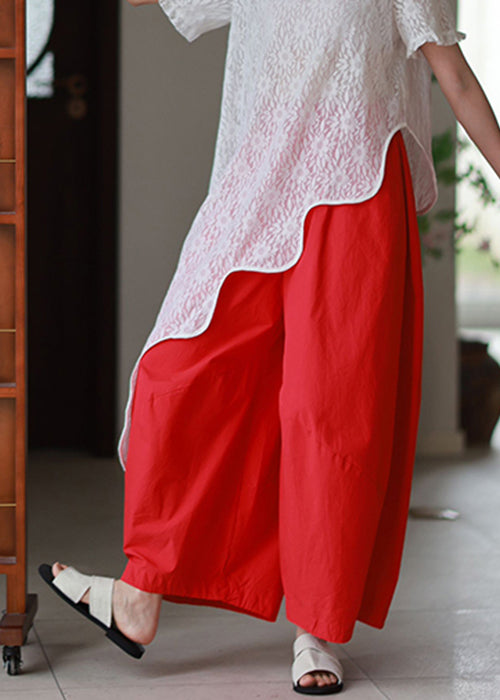 Simple Red Pockets Elastic Waist Cotton Wide Leg Pants Summer