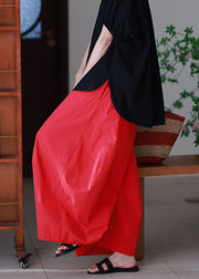 Simple Red Pockets Elastic Waist Cotton Wide Leg Pants Summer