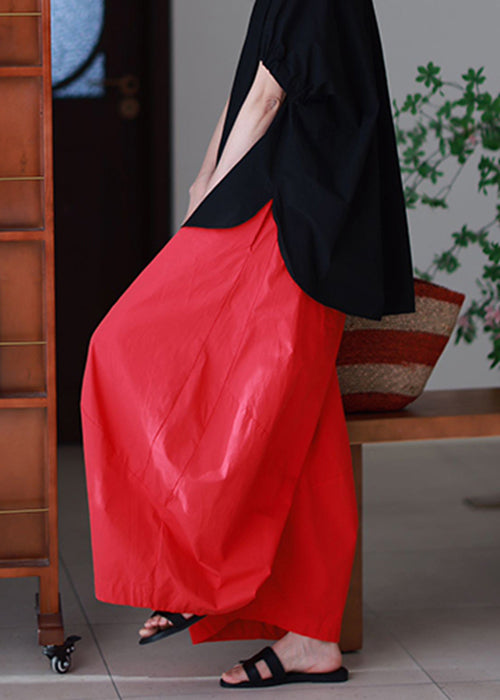 Simple Red Pockets Elastic Waist Cotton Wide Leg Pants Summer