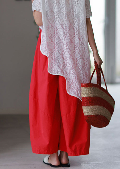 Simple Red Pockets Elastic Waist Cotton Wide Leg Pants Summer