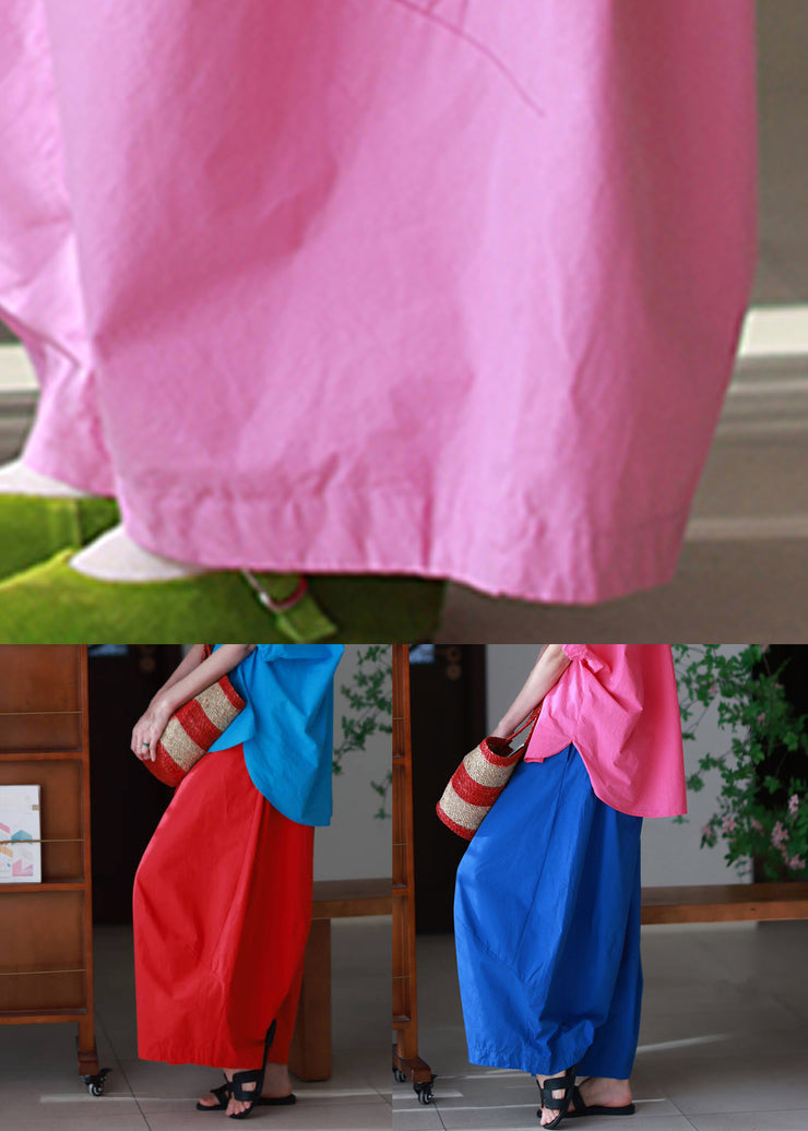 Simple Red Pockets Elastic Waist Cotton Wide Leg Pants Summer