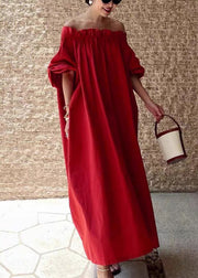 Simple Red Slash Neck Ruffled Solid Cotton Long Dresses Summer