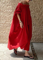 Simple Red Slash Neck Ruffled Solid Cotton Long Dresses Summer