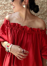 Simple Red Slash Neck Ruffled Solid Cotton Long Dresses Summer