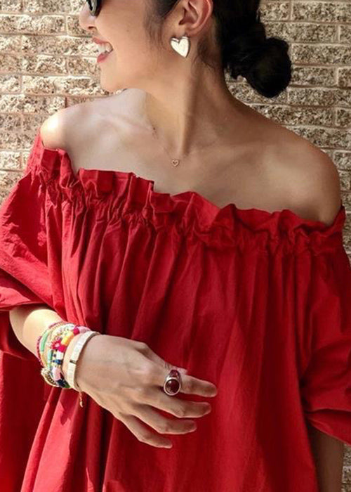 Simple Red Slash Neck Ruffled Solid Cotton Long Dresses Summer