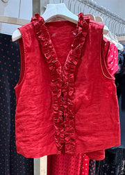 Simple Red V Neck Ruffled Cotton Blouse Top Sleeveless
