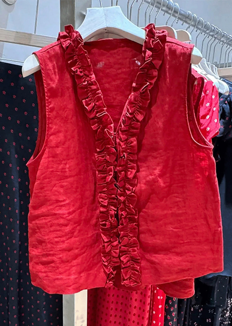 Simple Red V Neck Ruffled Cotton Blouse Top Sleeveless